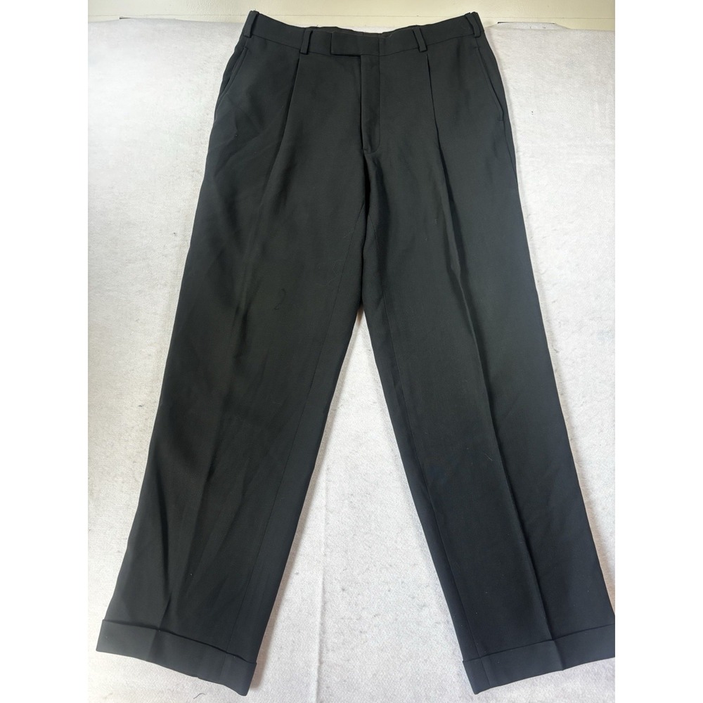 Kenneth Cole Dress Pants‎ Mens Black Straight Leg Slacks Pleated Front Cuff